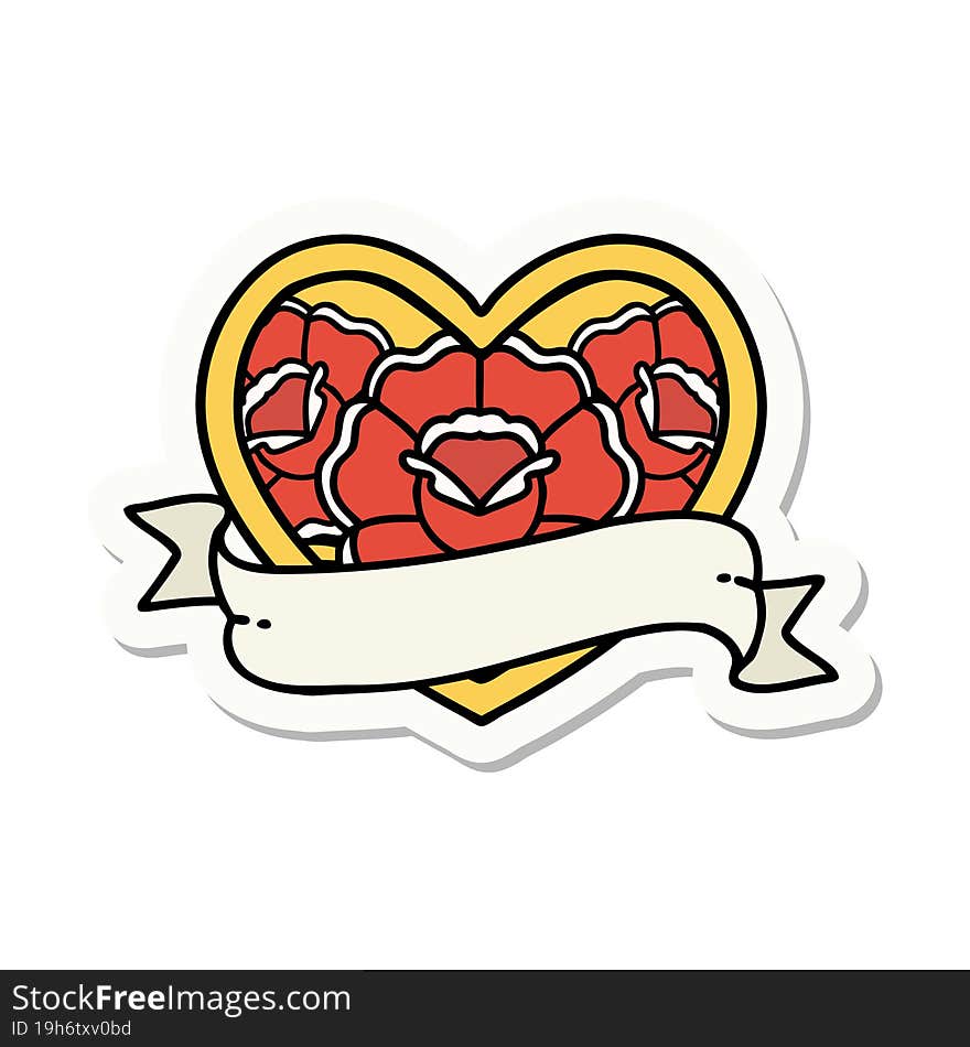 sticker of tattoo in traditional style of a heart and banner with flowers. sticker of tattoo in traditional style of a heart and banner with flowers