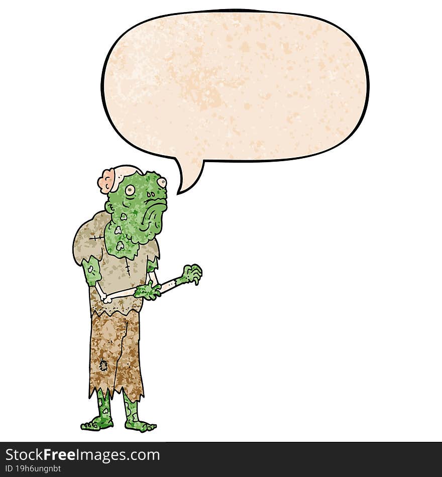 cartoon zombie and speech bubble in retro texture style