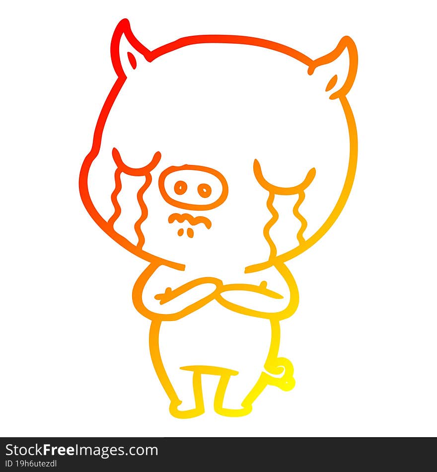 Warm Gradient Line Drawing Cartoon Pig Crying