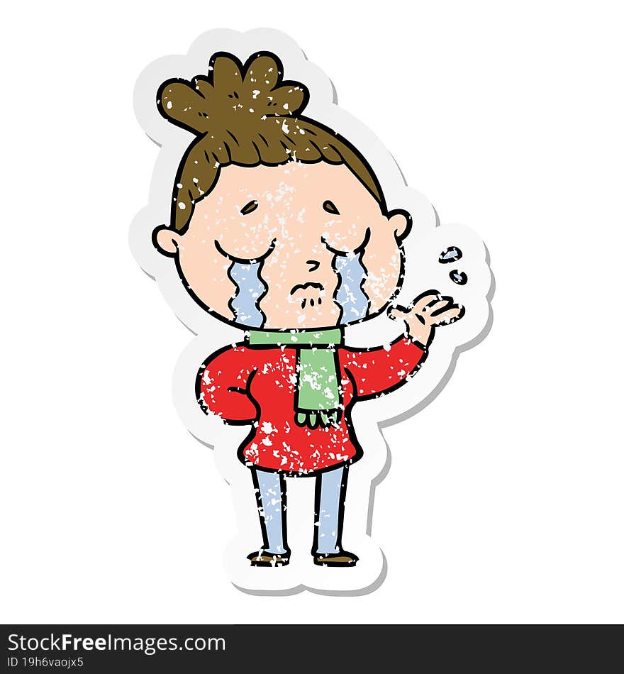 distressed sticker of a cartoon crying woman