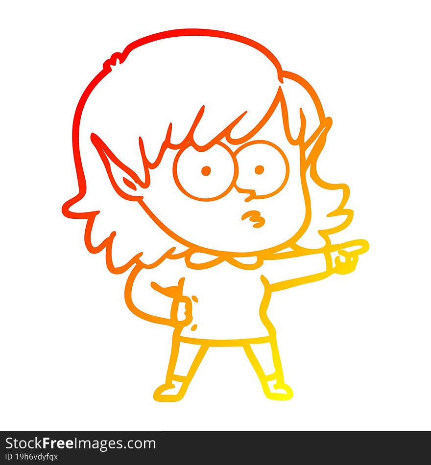 Warm Gradient Line Drawing Cartoon Elf Girl Staring And Pointing