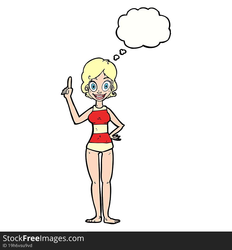 cartoon woman in striped swimsuit with thought bubble