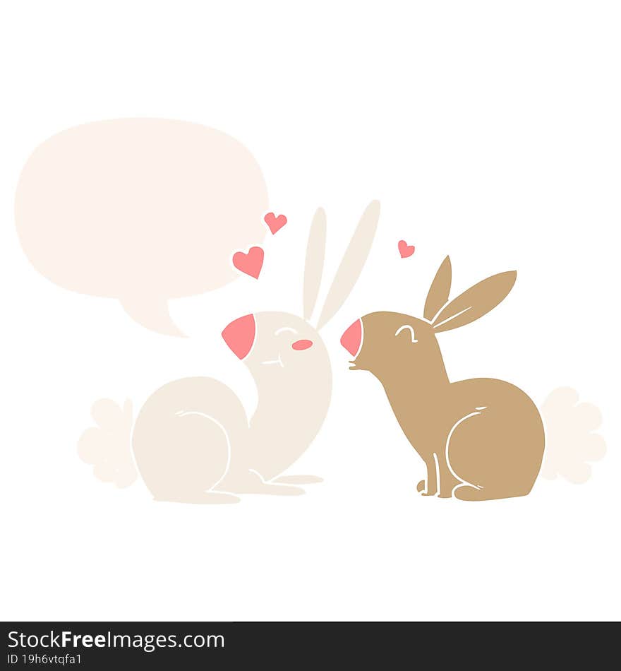 cartoon rabbits in love with speech bubble in retro style