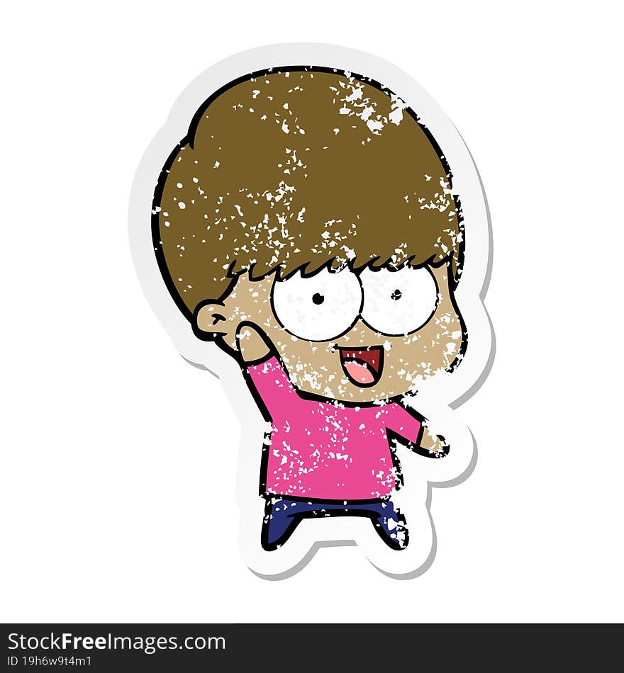 distressed sticker of a happy cartoon boy waving