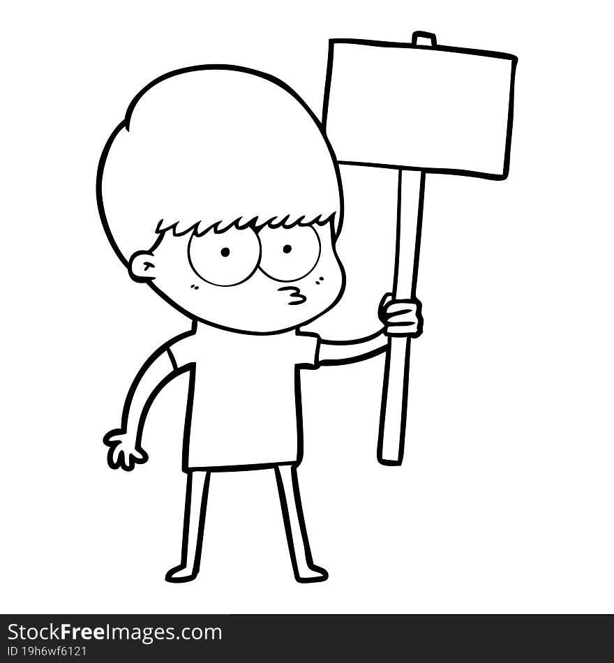 nervous cartoon boy holding placard. nervous cartoon boy holding placard