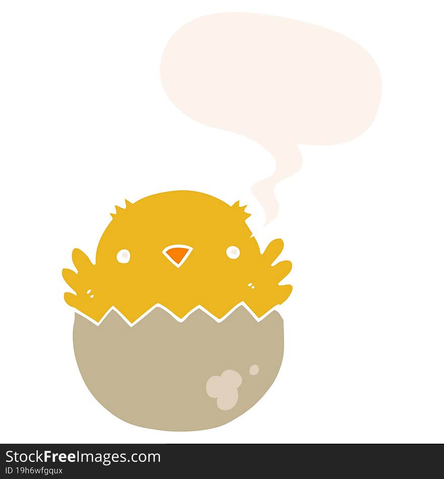 cartoon chick hatching from egg with speech bubble in retro style