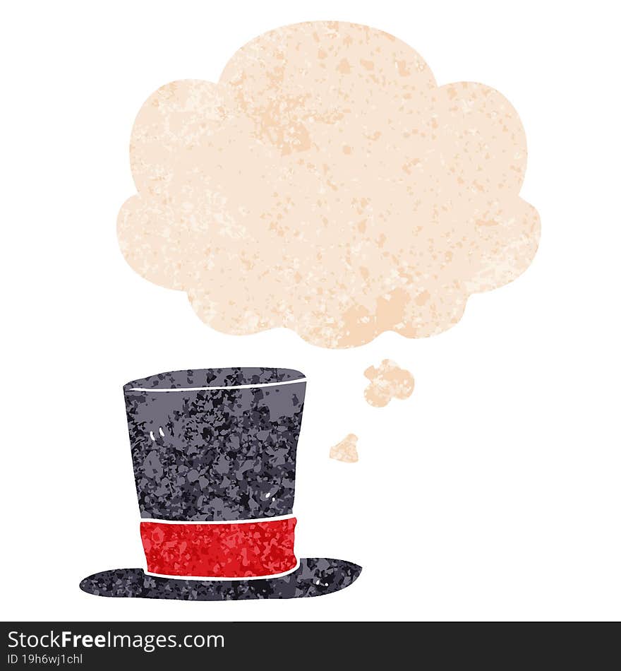 cartoon top hat and thought bubble in retro textured style