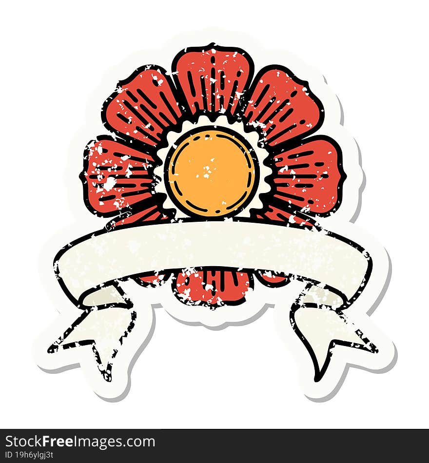 grunge sticker with banner of a flower