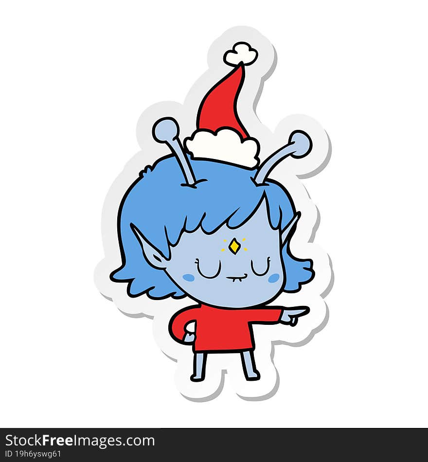 sticker cartoon of a alien girl wearing santa hat