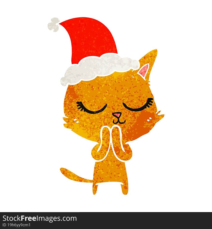 calm retro cartoon of a cat wearing santa hat