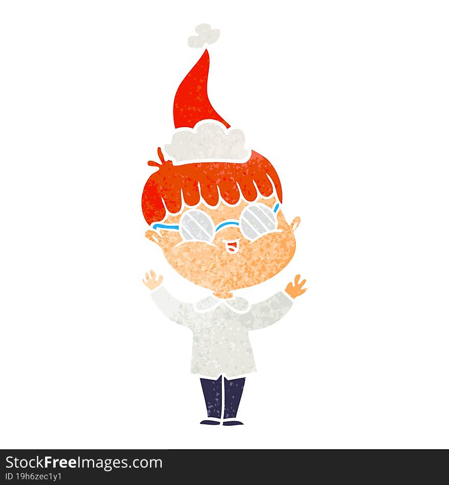 retro cartoon of a boy wearing spectacles wearing santa hat