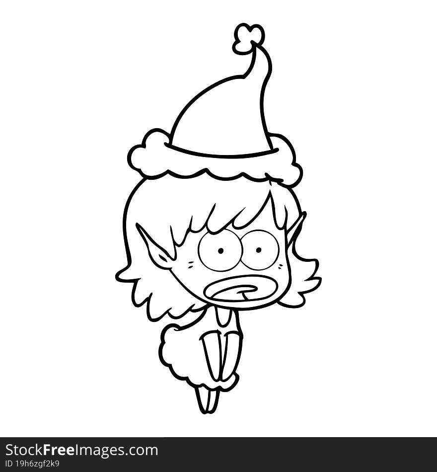 line drawing of a shocked elf girl wearing santa hat