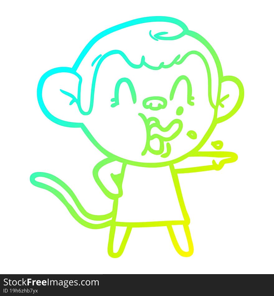 cold gradient line drawing of a crazy cartoon monkey in dress pointing