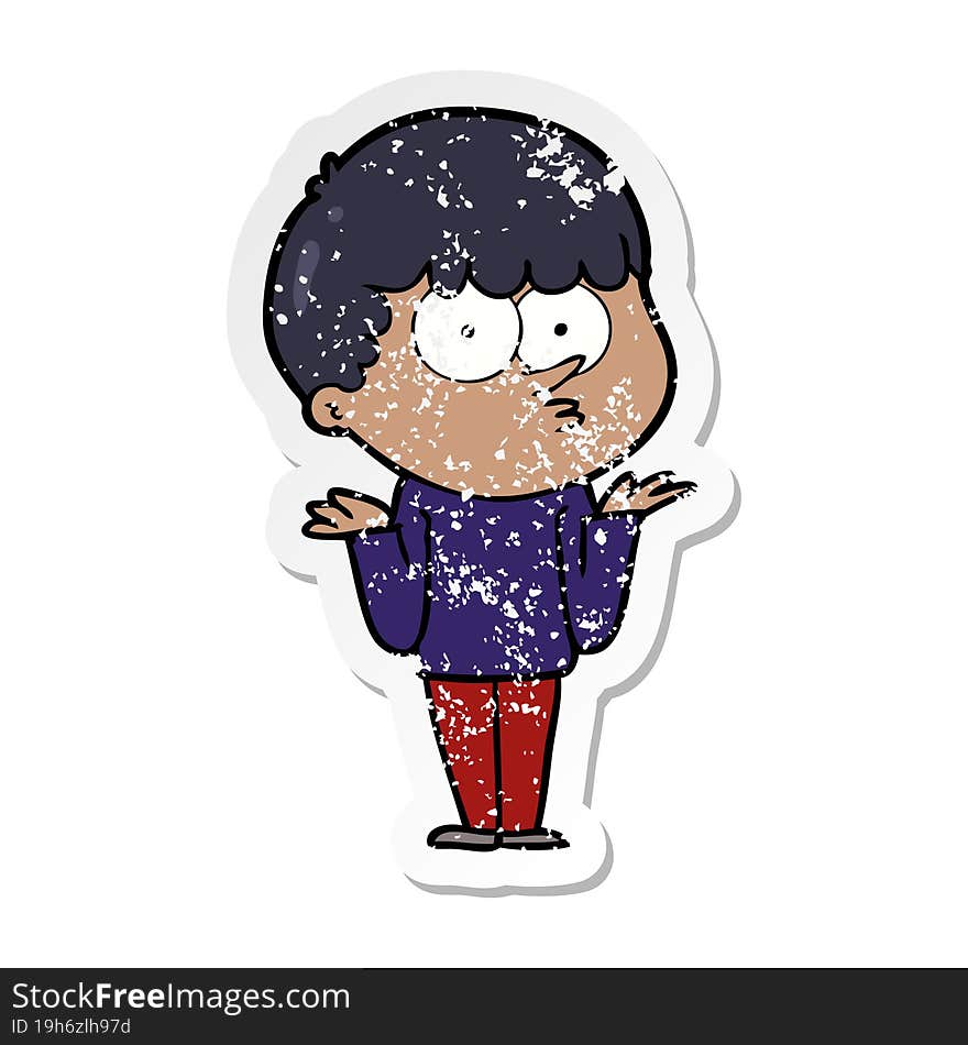 Distressed Sticker Of A Cartoon Curious Boy Shrugging Shoulders