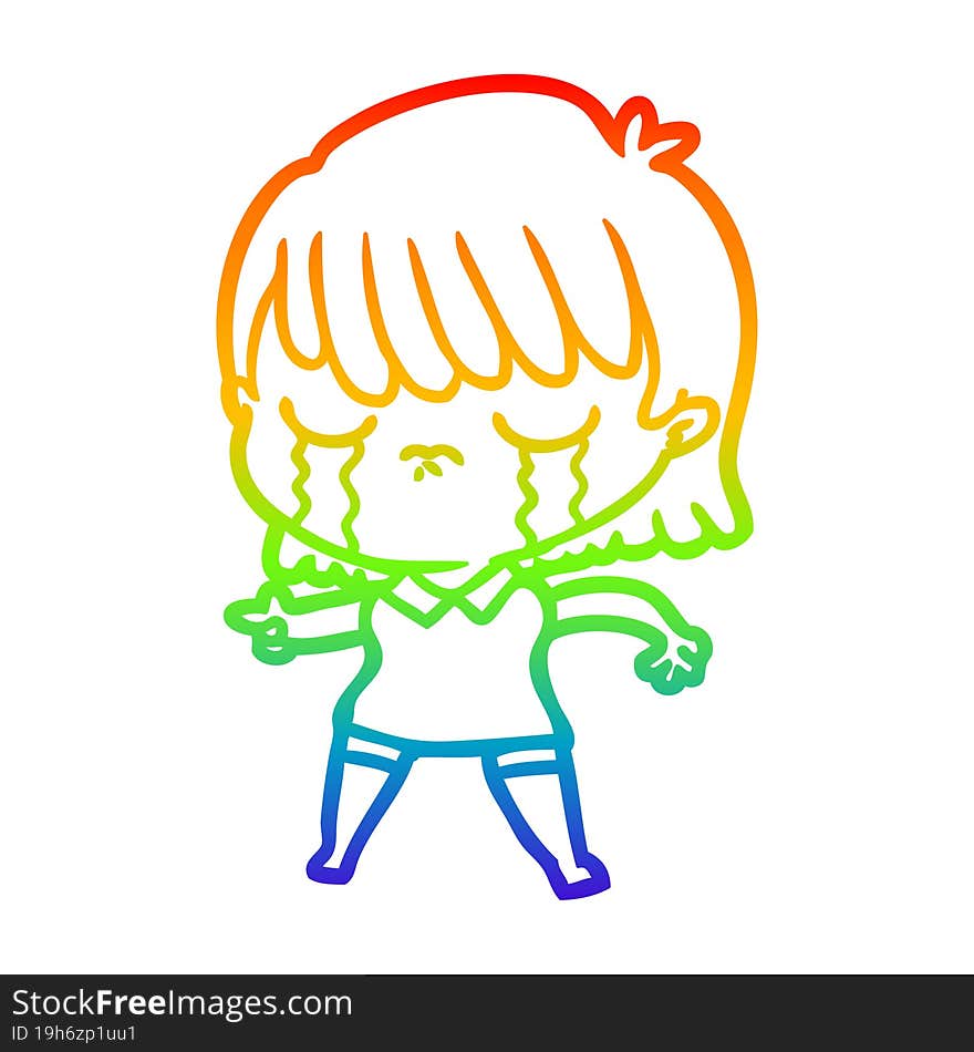 rainbow gradient line drawing of a cartoon woman crying