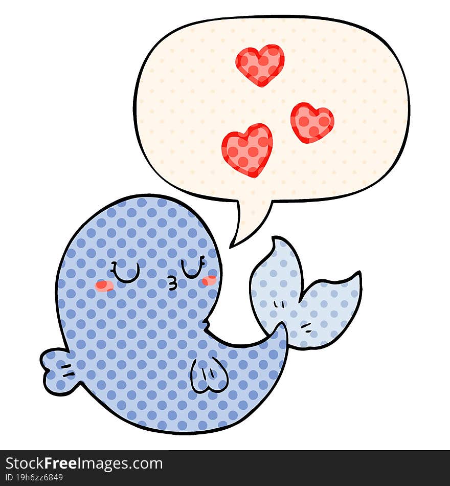 cute cartoon whale in love and speech bubble in comic book style