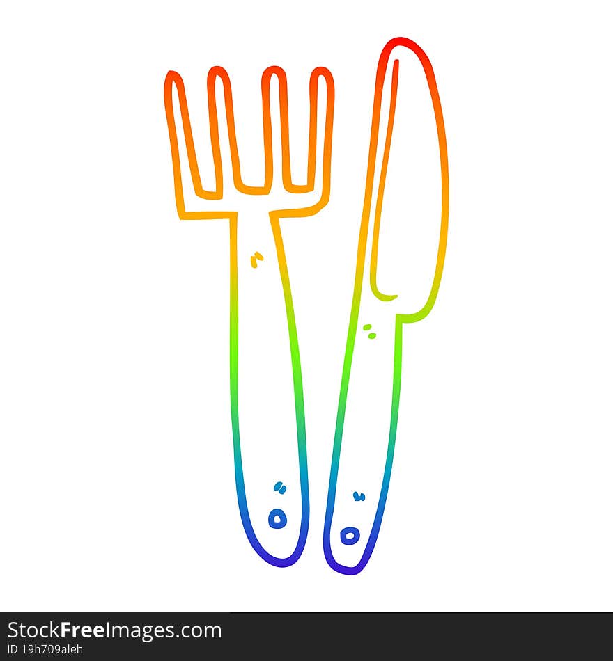 rainbow gradient line drawing cartoon plastic knife and fork