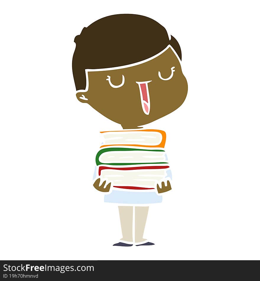 Flat Color Style Cartoon Happy Boy With Stack Of Books