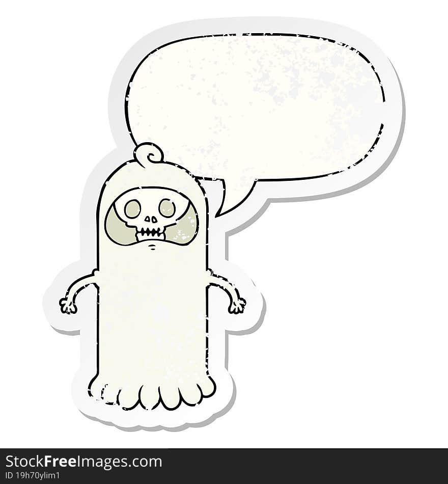 cartoon spooky skull ghost with speech bubble distressed distressed old sticker. cartoon spooky skull ghost with speech bubble distressed distressed old sticker