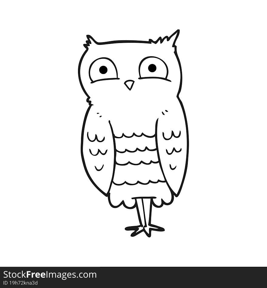 freehand drawn black and white cartoon owl