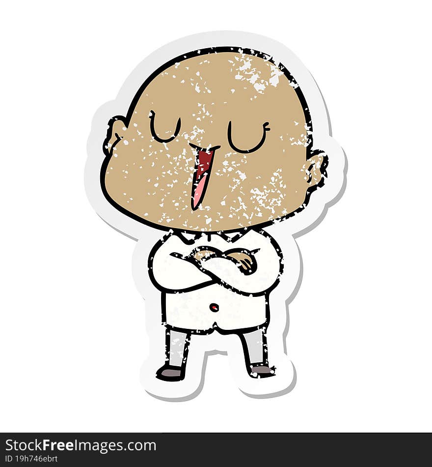 distressed sticker of a happy cartoon bald man