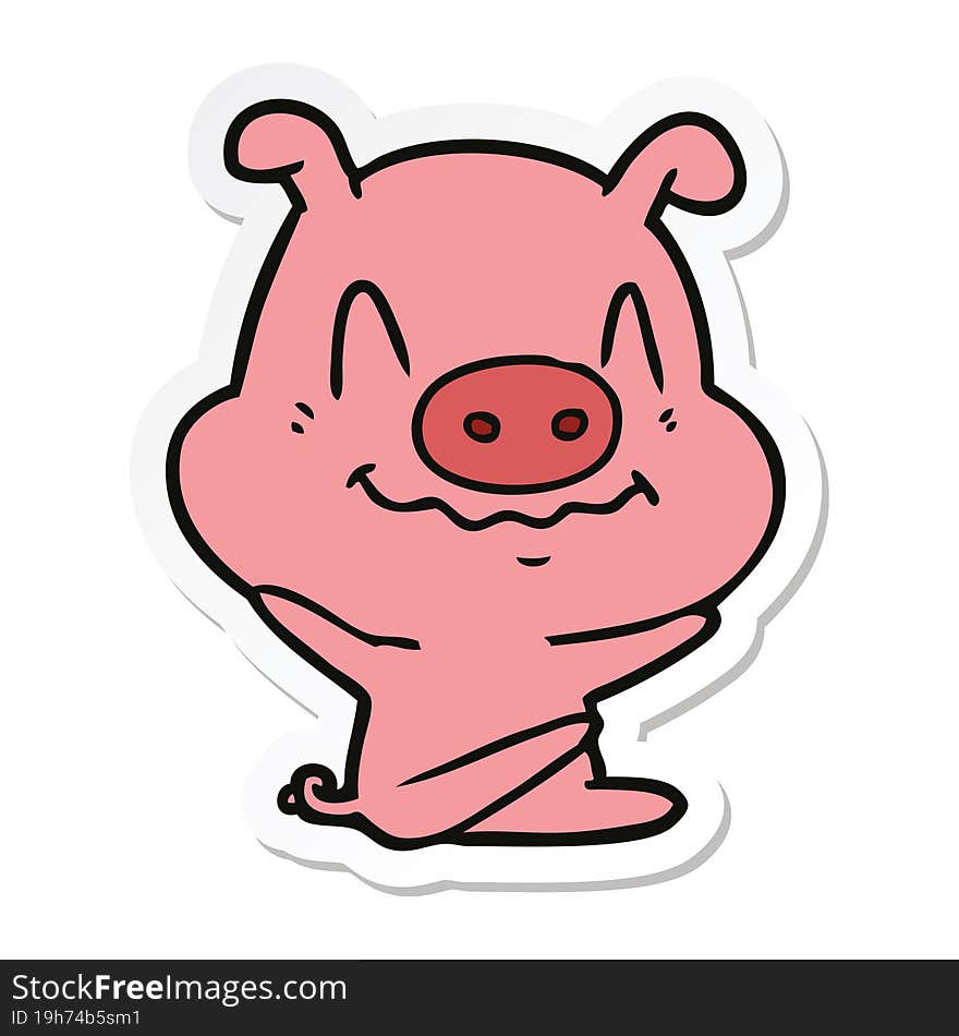 sticker of a nervous cartoon pig sitting