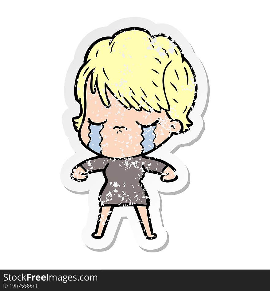 distressed sticker of a cartoon woman crying