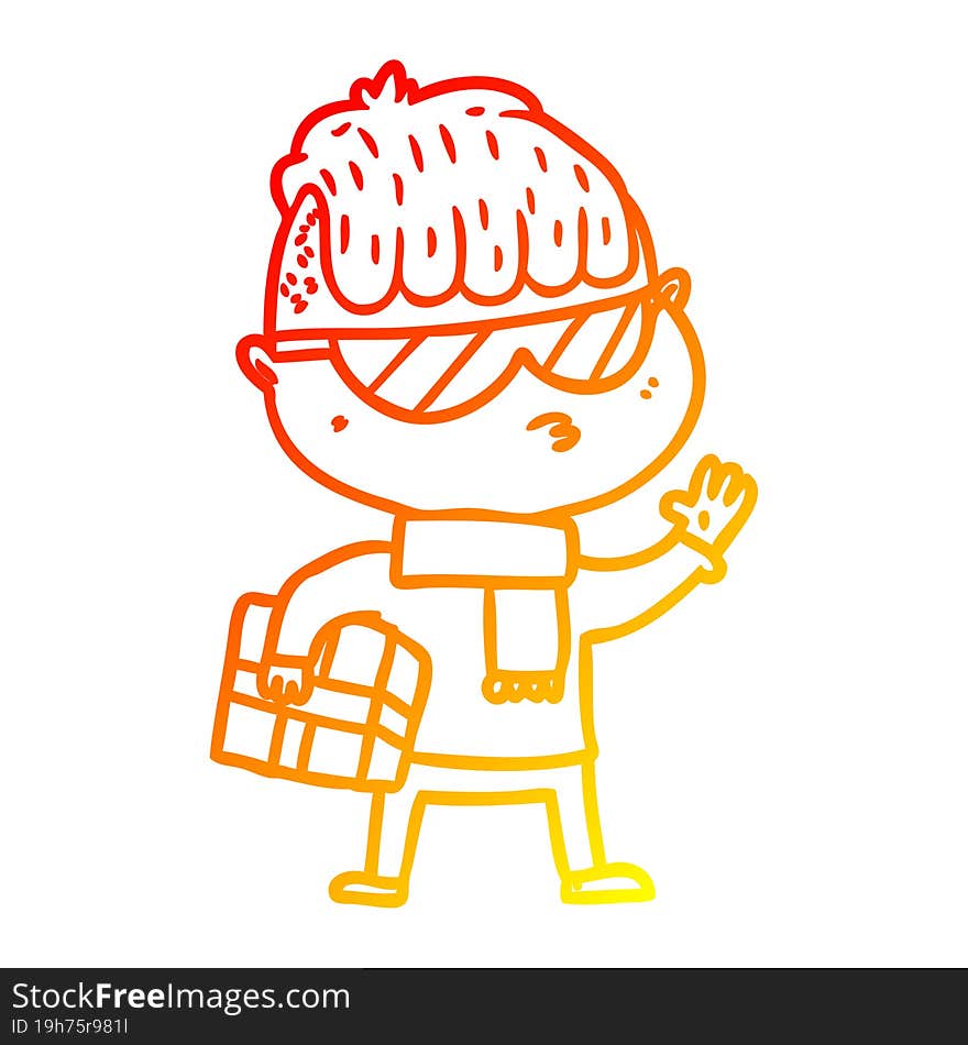 Warm Gradient Line Drawing Cartoon Boy Wearing Sunglasses Carrying Xmas Gift