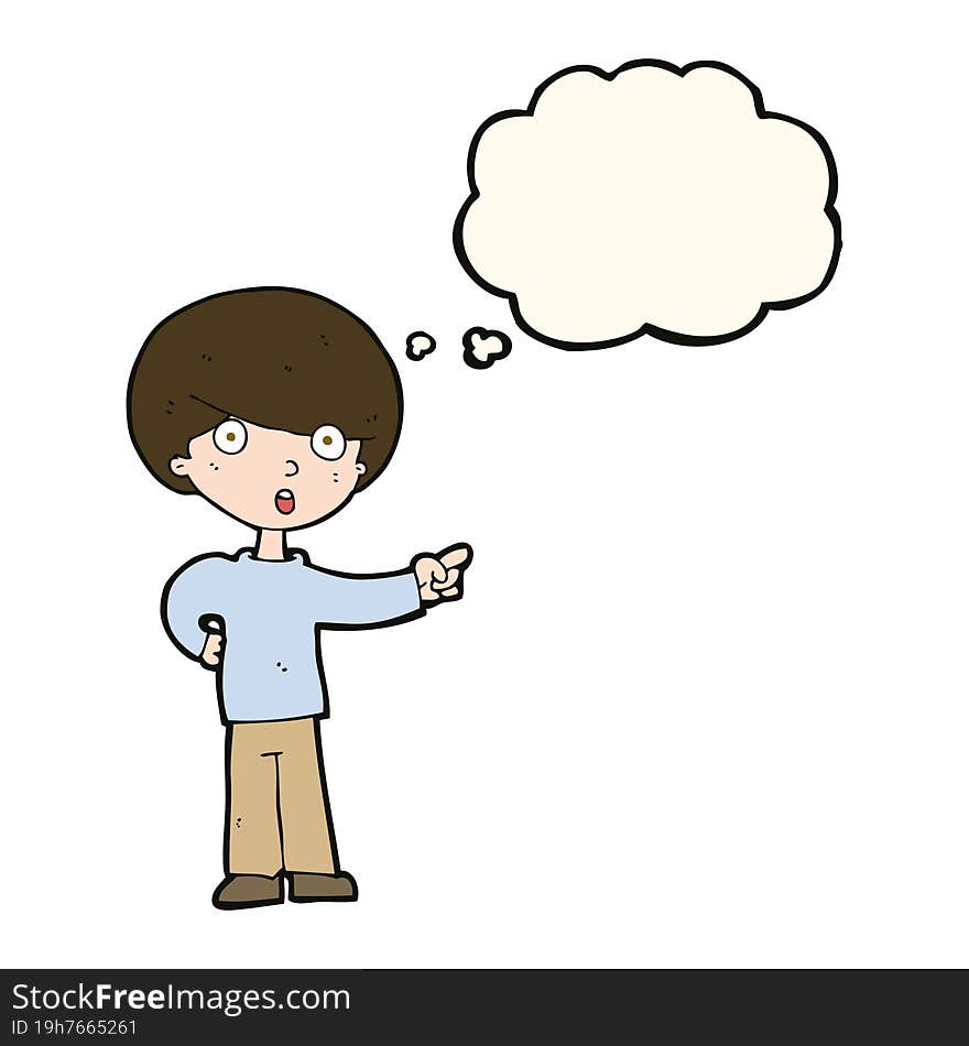 cartoon pointing boy with thought bubble