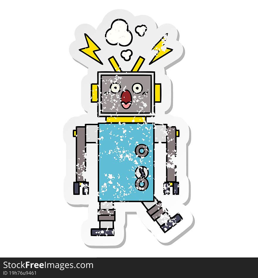 distressed sticker of a cute cartoon malfunctioning robot