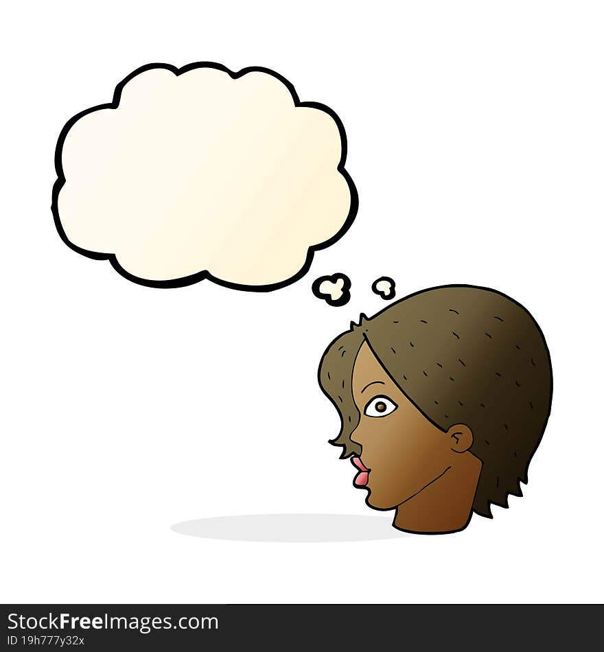 cartoon staring woman with thought bubble