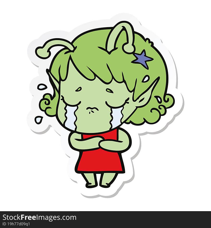 sticker of a cartoon crying alien girl