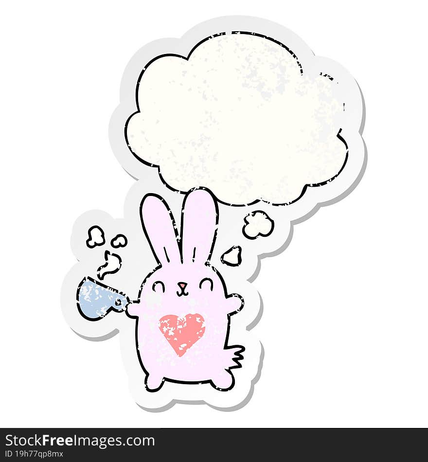 cute cartoon rabbit with love heart and coffee cup and thought bubble as a distressed worn sticker