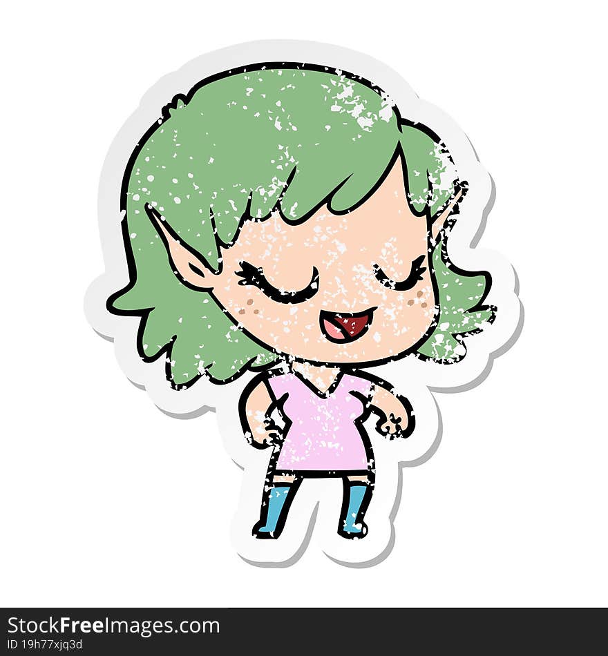 distressed sticker of a happy cartoon elf girl