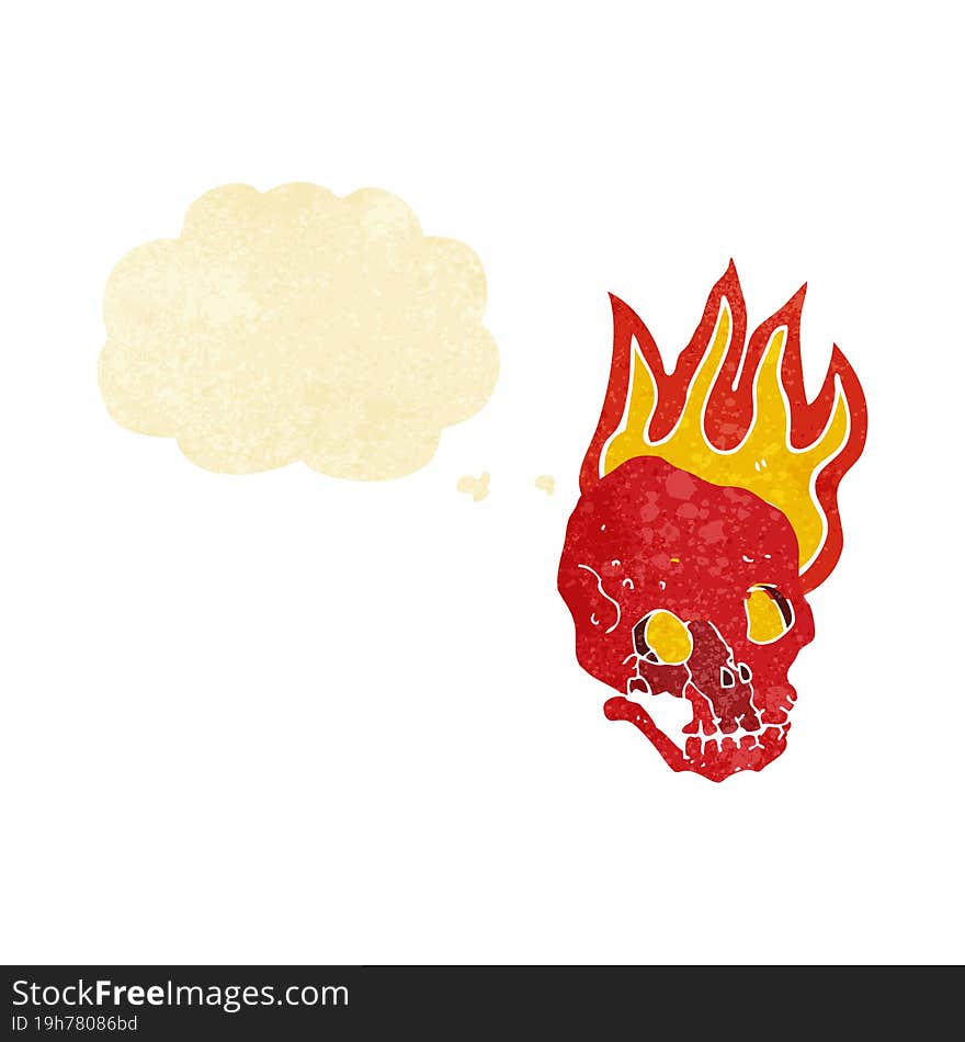 cartoon flaming skull with thought bubble