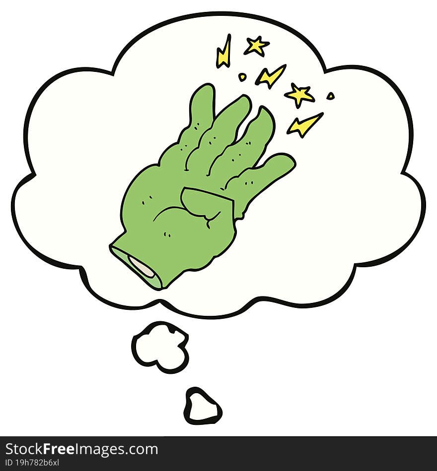 cartoon spooky magic hand with thought bubble