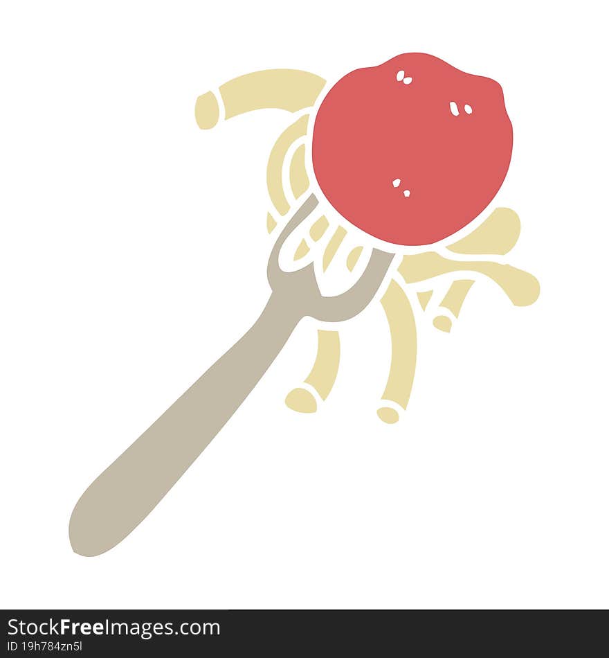 flat color illustration cartoon spaghetti and meatballs on fork