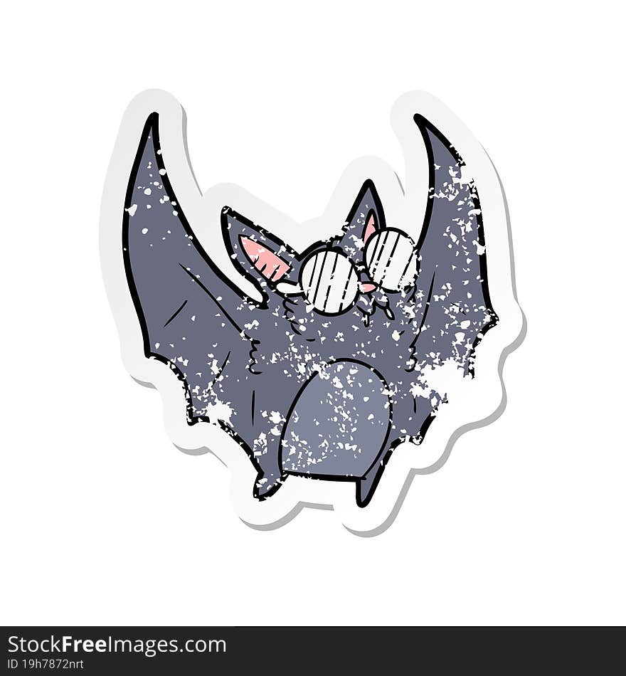 distressed sticker of a cartoon bat wearing spectacles