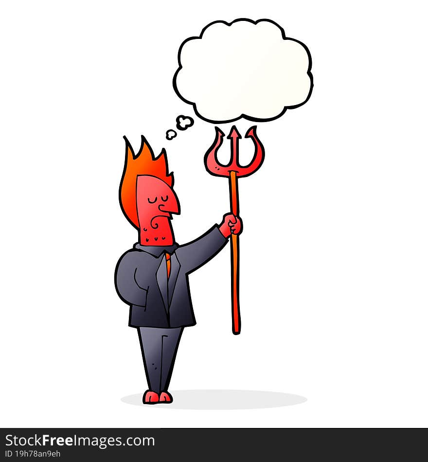 cartoon devil with pitchfork with thought bubble