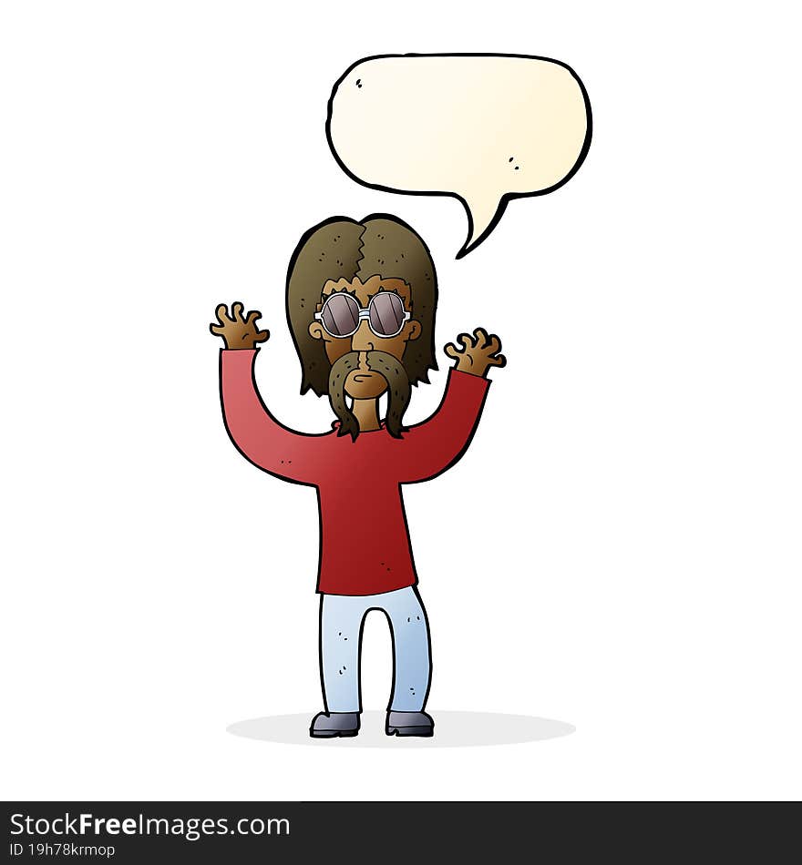 cartoon hippie man waving arms with speech bubble