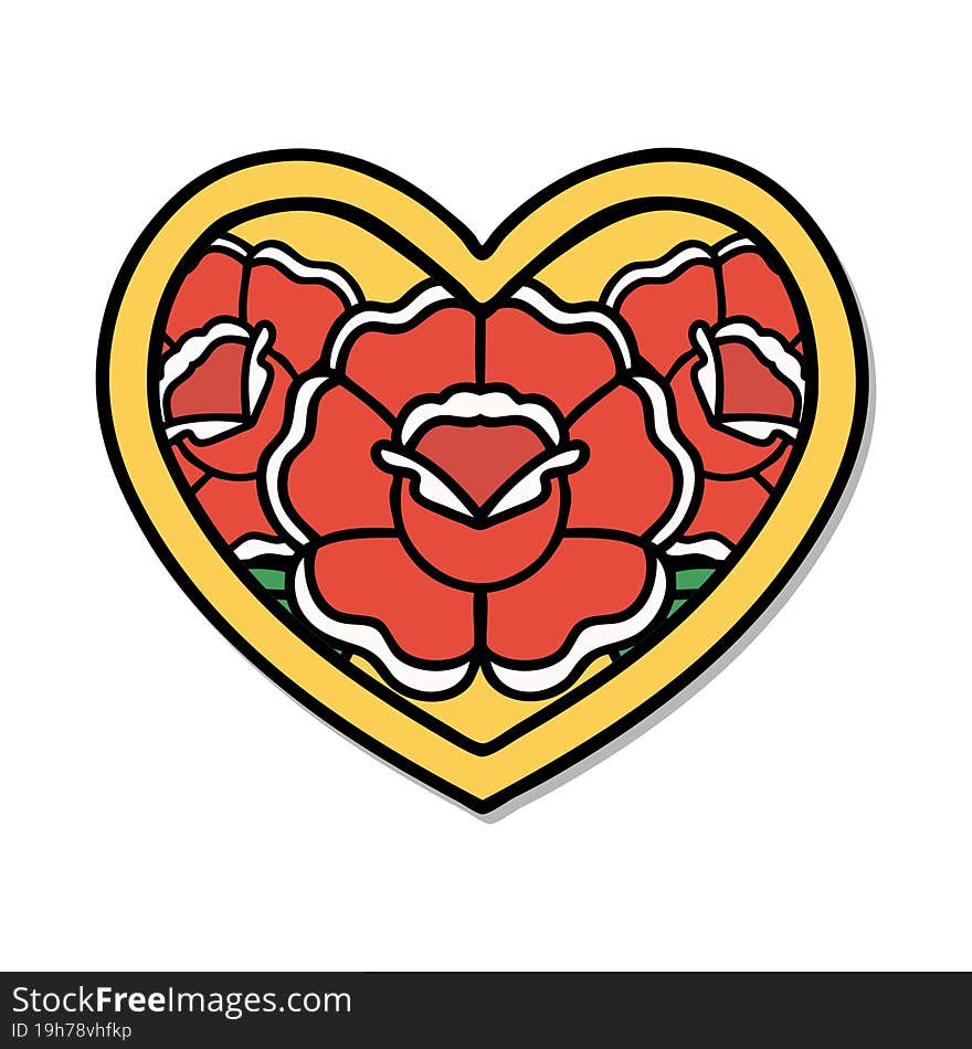 sticker of tattoo in traditional style of a heart and flowers. sticker of tattoo in traditional style of a heart and flowers