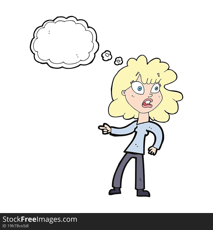 Cartoon Worried Woman Pointing With Thought Bubble