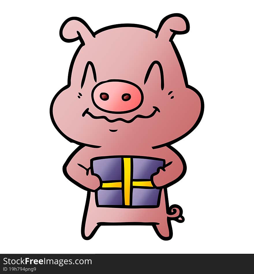 nervous cartoon pig with present. nervous cartoon pig with present