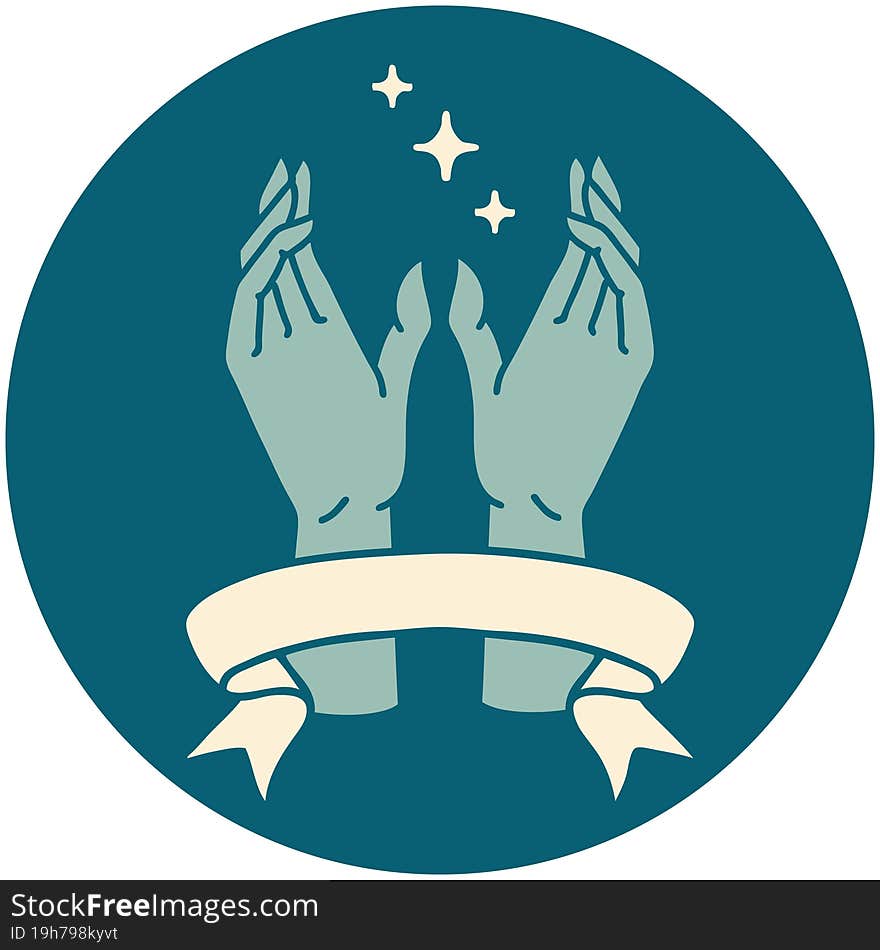 tattoo style icon with banner of reaching hands