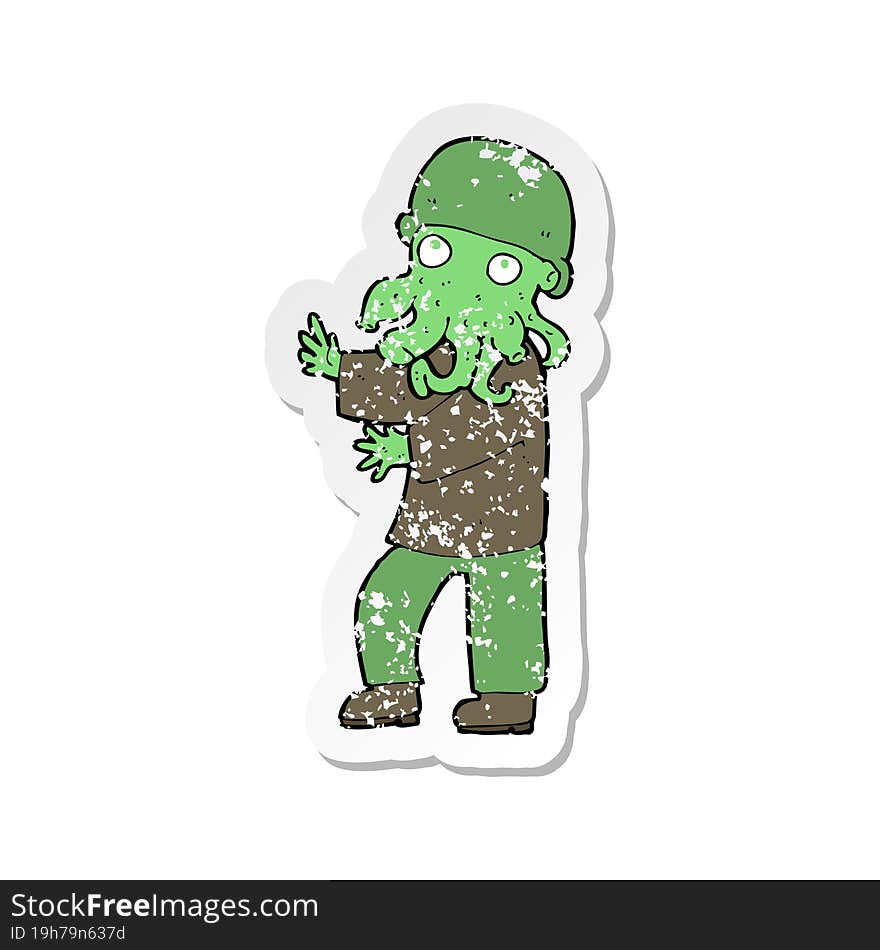 retro distressed sticker of a cartoon alien man