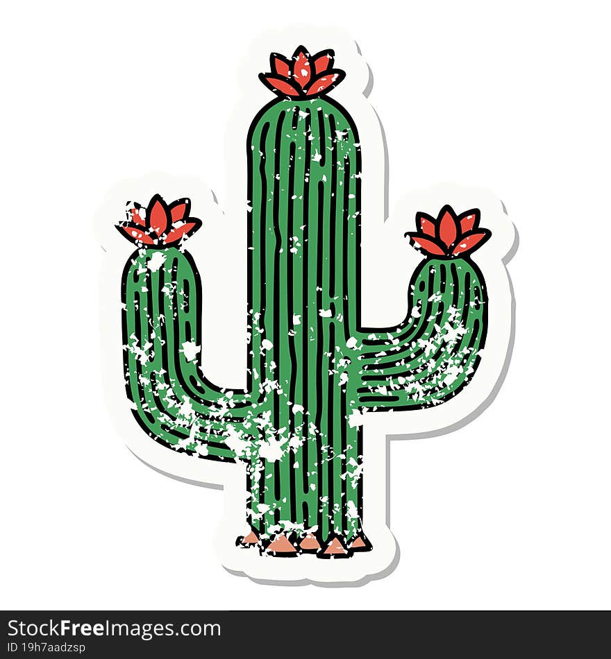 traditional distressed sticker tattoo of a cactus