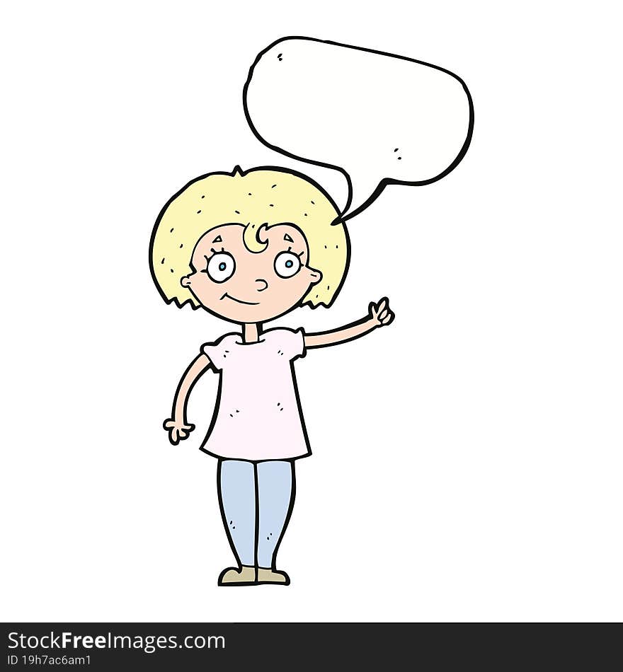 cartoon happy woman pointing with speech bubble