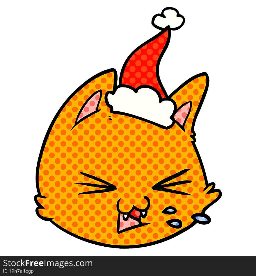 spitting comic book style illustration of a cat face wearing santa hat