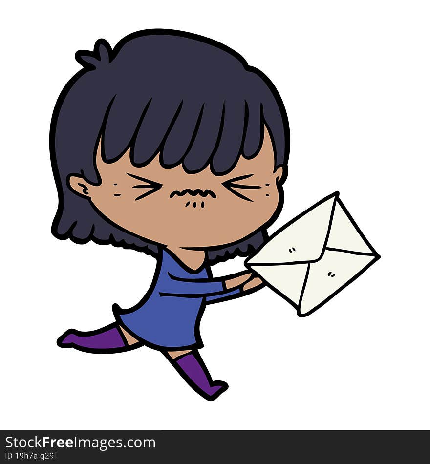 annoyed cartoon girl with letter. annoyed cartoon girl with letter