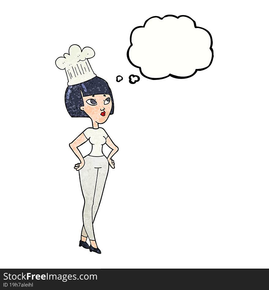 freehand drawn thought bubble textured cartoon female chef. freehand drawn thought bubble textured cartoon female chef